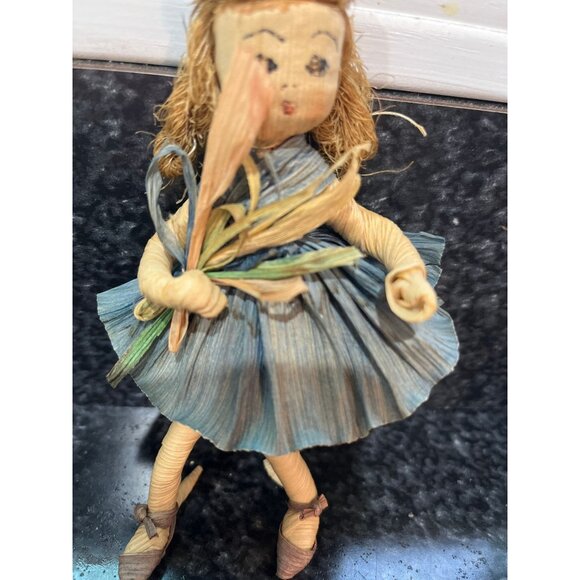 Vintage Handmade Corn Husk Doll 2 Layer Blue Beige Skirt Holding Flower Bouquet - Picture 5 of 9